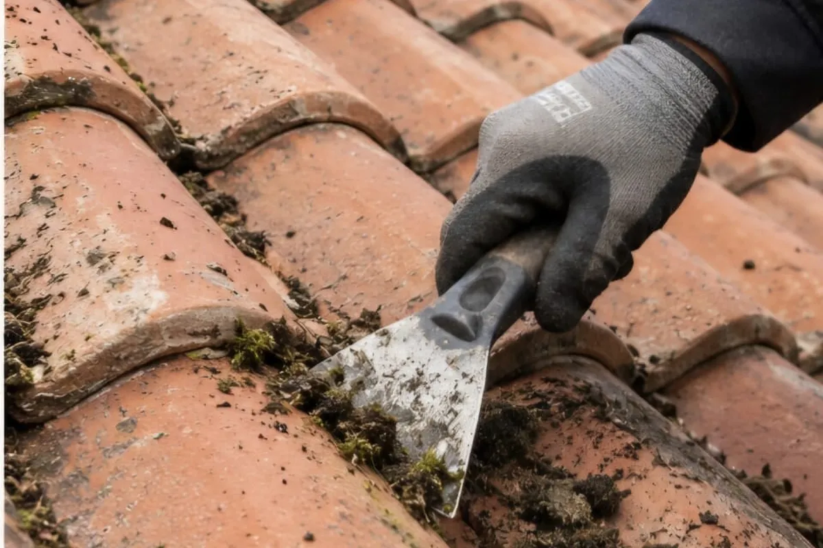 Toiture en tuiles couverte de mousse avant démoussage, puis la même toiture propre après le passage d'Arti Baud — après