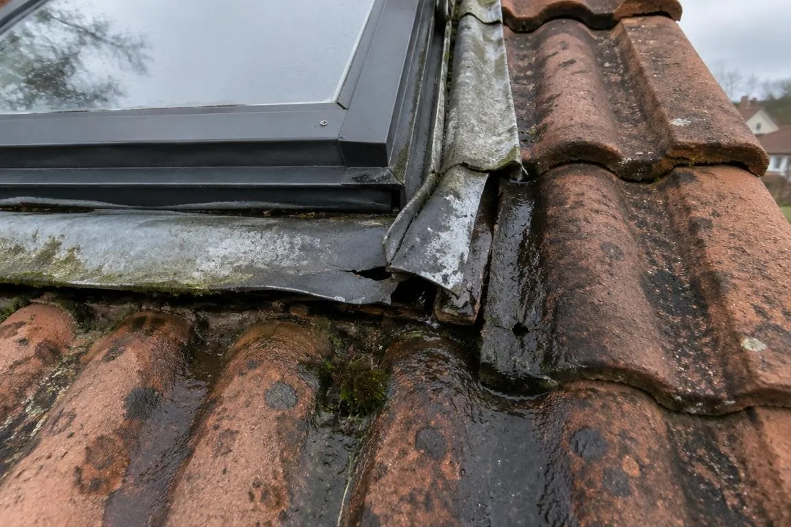 Raccord d'étanchéité d'une fenêtre de toit avant et après : ancien solin décollé et fissuré avec traces d'humidité avant, solin neuf parfaitement raccordé aux tuiles après — avant