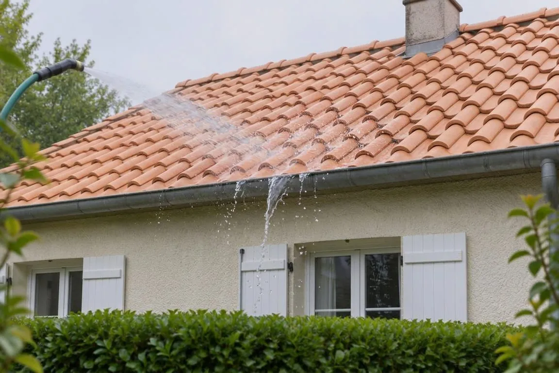 Toiture avant et après traitement hydrofuge imperméabilisant : l'eau s'infiltre dans les tuiles poreuses avant, elle perle et ruisselle après — après
