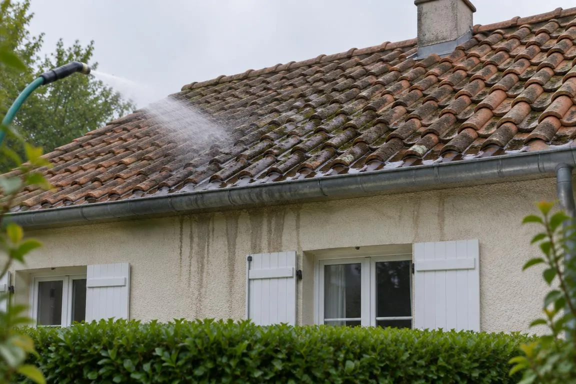 Toiture avant et après traitement hydrofuge imperméabilisant : l'eau s'infiltre dans les tuiles poreuses avant, elle perle et ruisselle après — avant