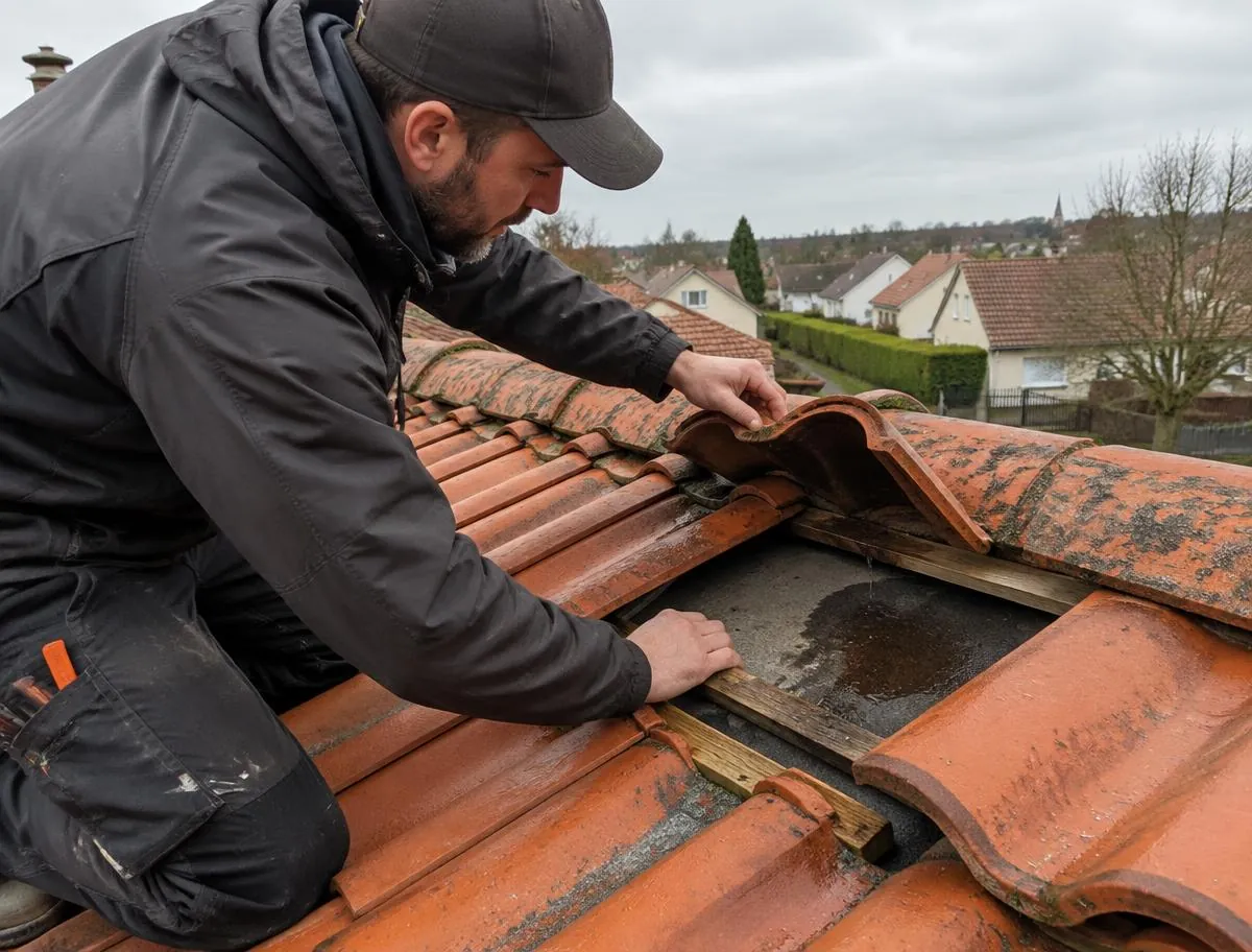 Artisan couvreur soulevant des tuiles pour localiser une fuite