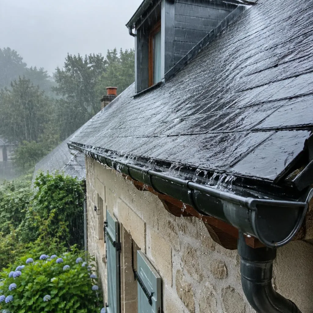 La pluie ruisselle sur une toiture en ardoise imperméabilisée