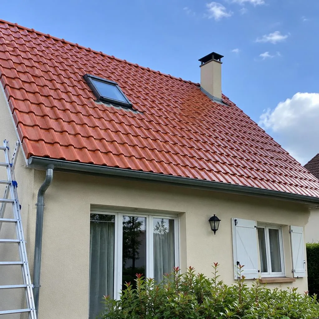 Toiture en tuiles terre cuite après nettoyage professionnel