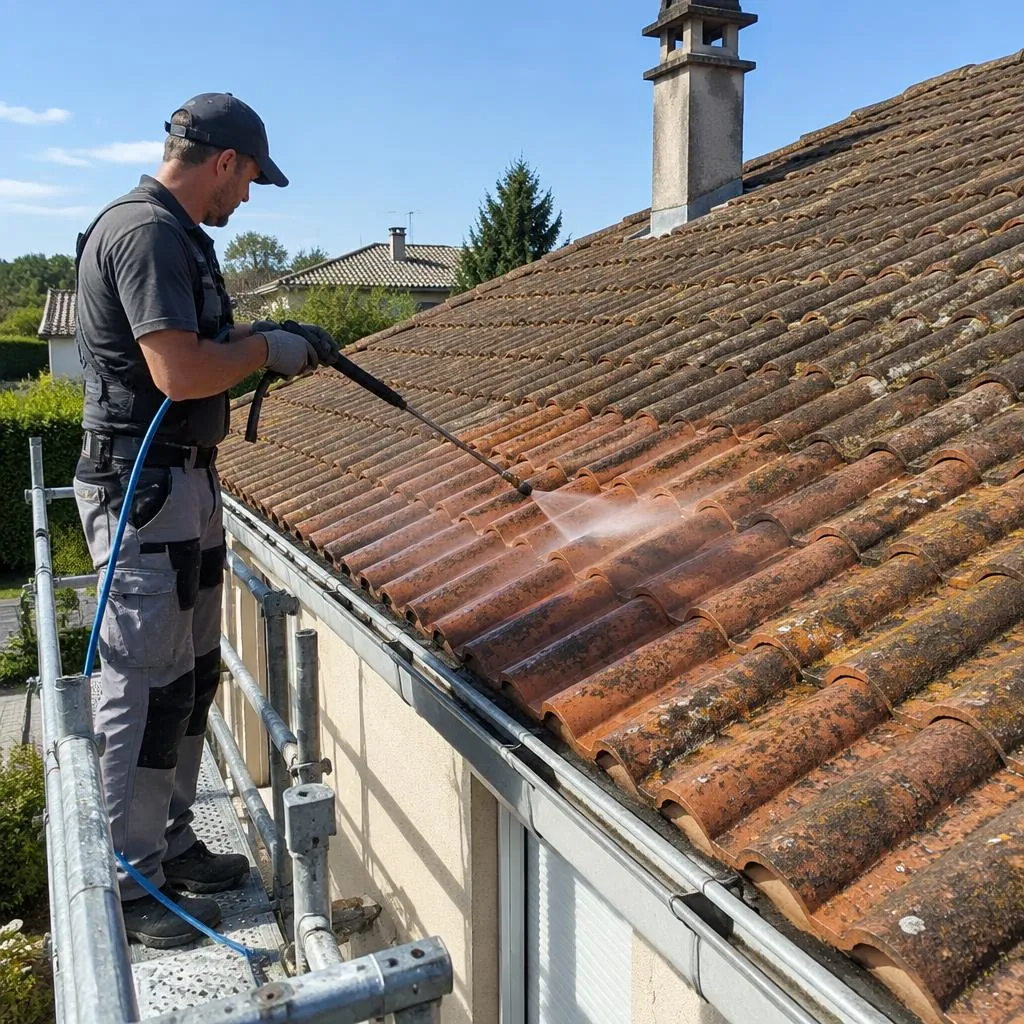 Rinçage basse pression d'une toiture par un artisan