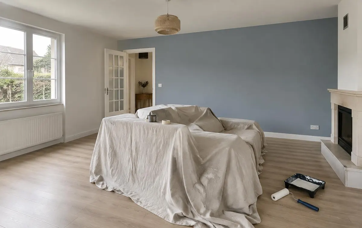 Salon repeint en Essonne : murs blancs, mur bleu et meubles protégés par des bâches