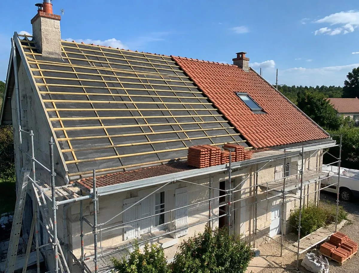 Toiture en cours de réfection avec liteaux neufs et tuiles neuves