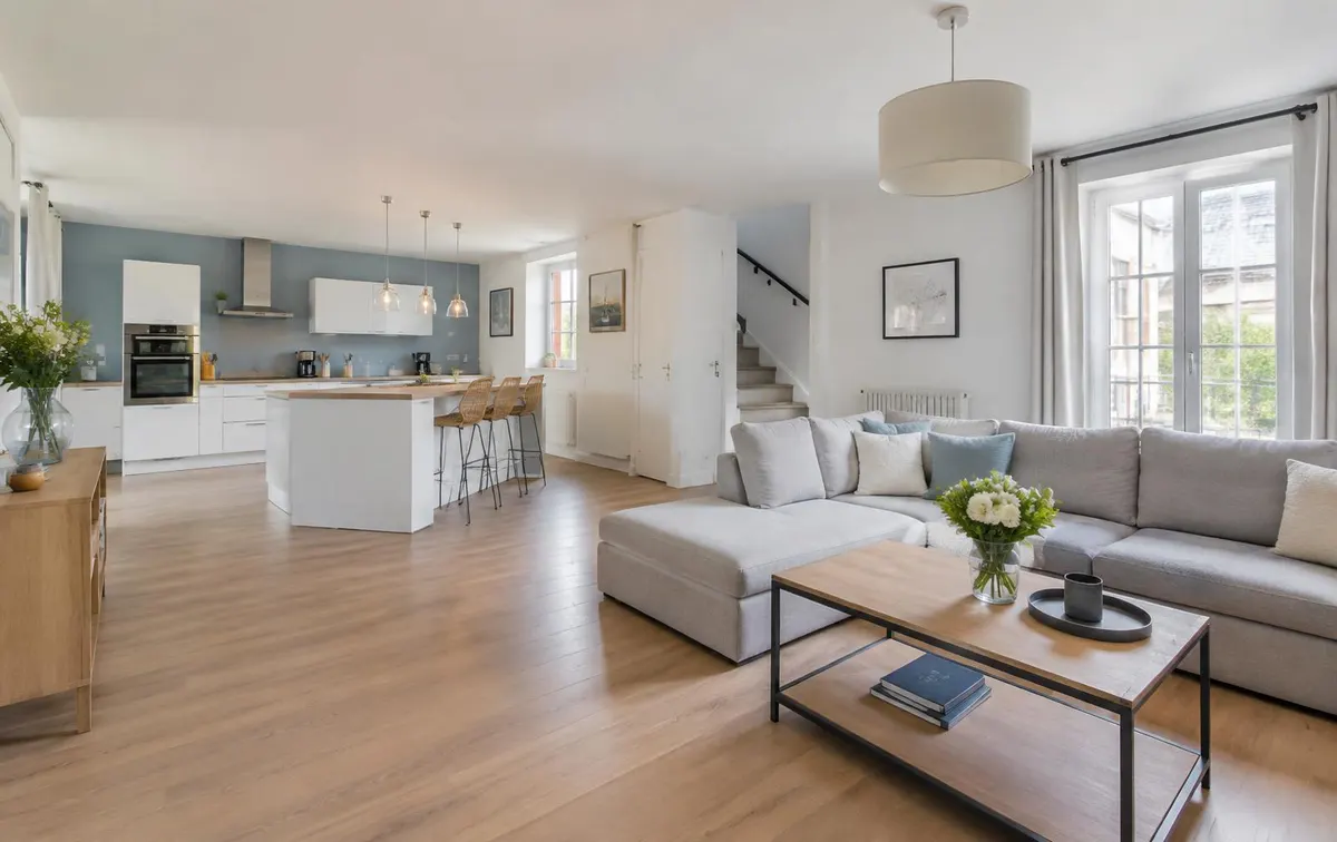 Rénovation intérieure en Essonne : séjour rénové avec parquet clair, murs repeints et cuisine ouverte