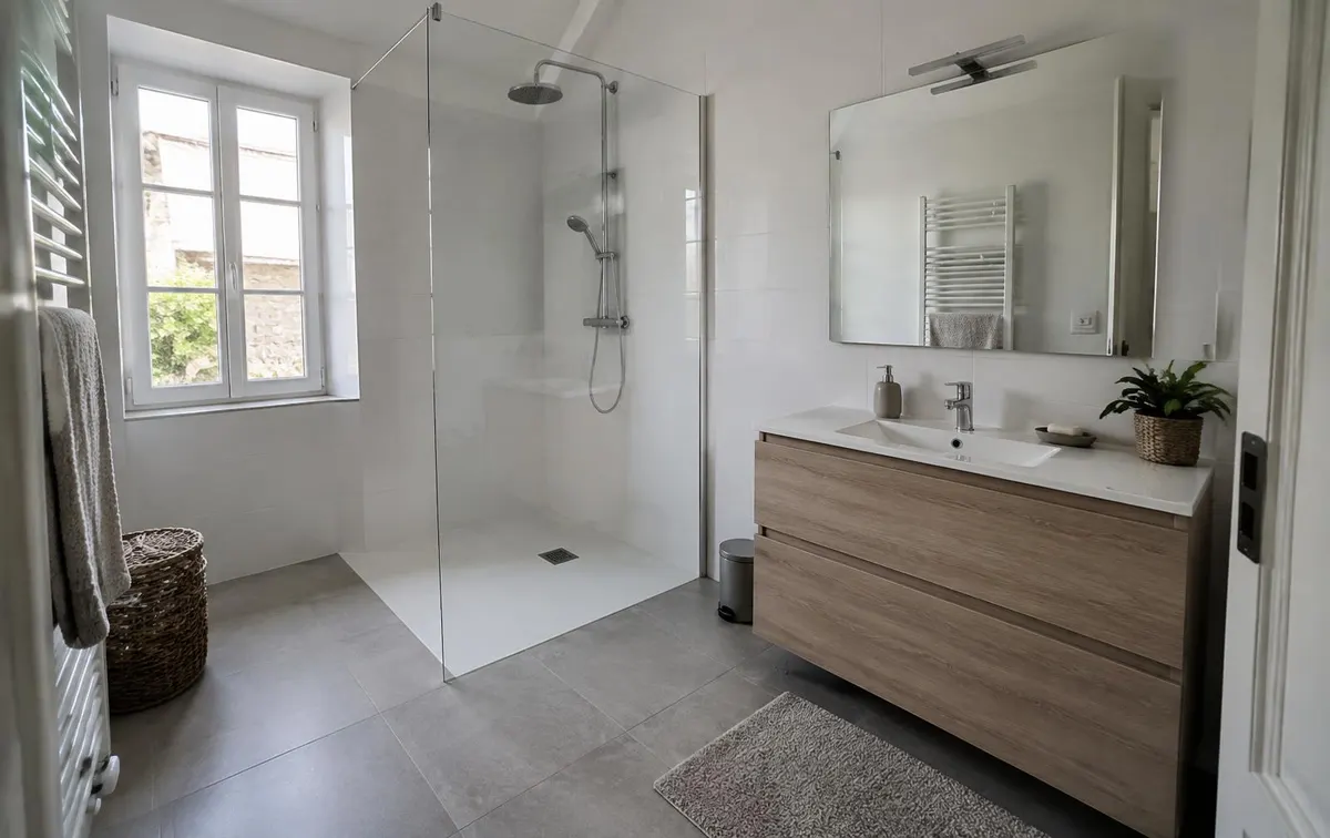Salle de bain rénovée en Essonne : douche à l'italienne, carrelage gris et meuble vasque en bois