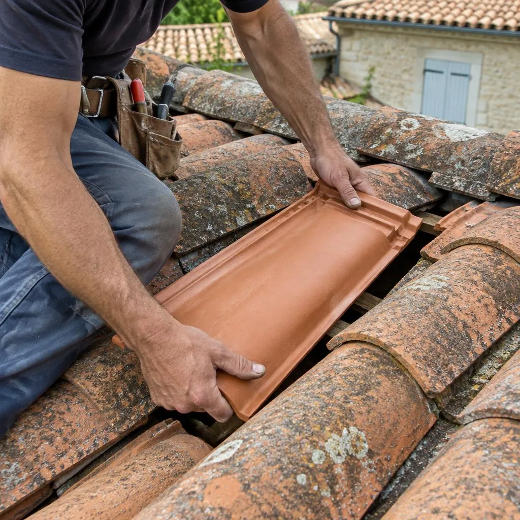 Pose d'une tuile neuve au milieu d'anciennes tuiles