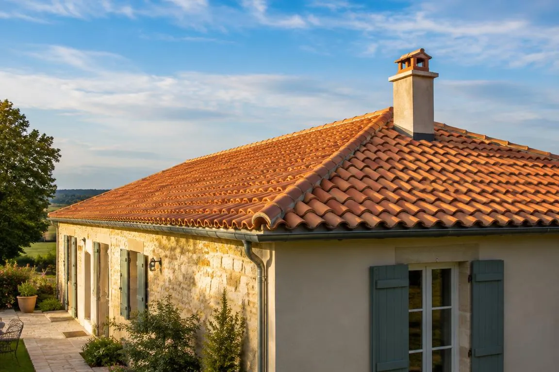 Toiture en tuiles parfaitement restaurée sur une maison française, ciel bleu