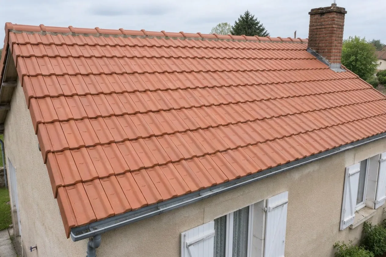 Toiture ancienne en tuiles puis couverture refaite avec des tuiles neuves — après