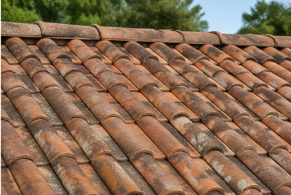 Section de toiture avec tuiles cassées et déplacées puis réparation des tuiles — après