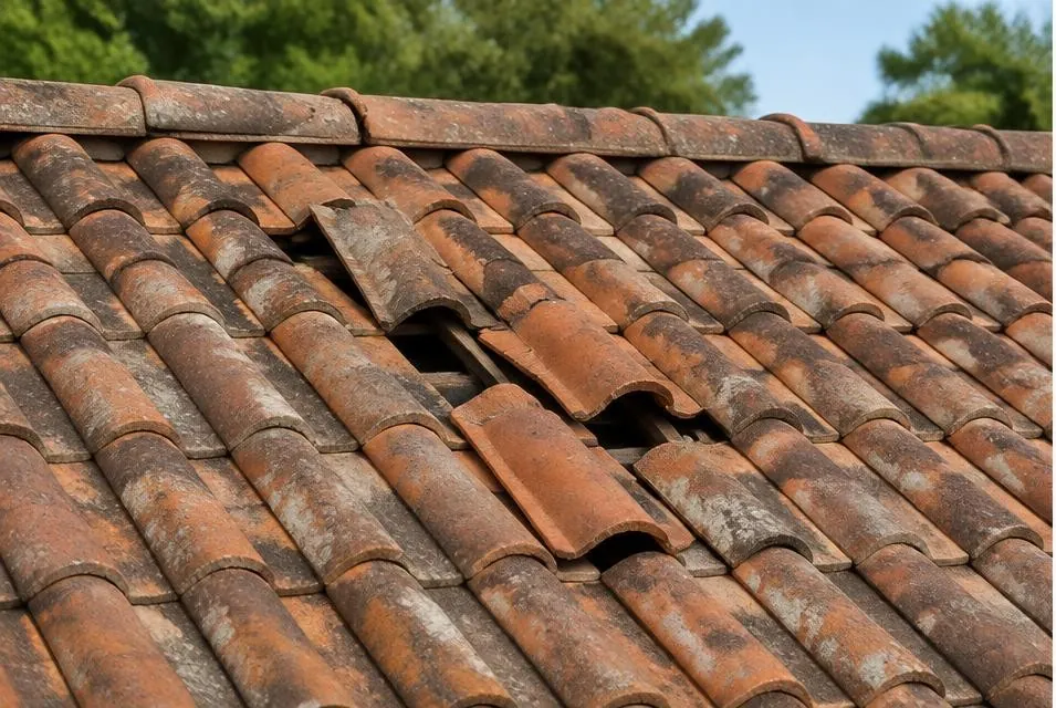 Section de toiture avec tuiles cassées et déplacées puis réparation des tuiles — avant
